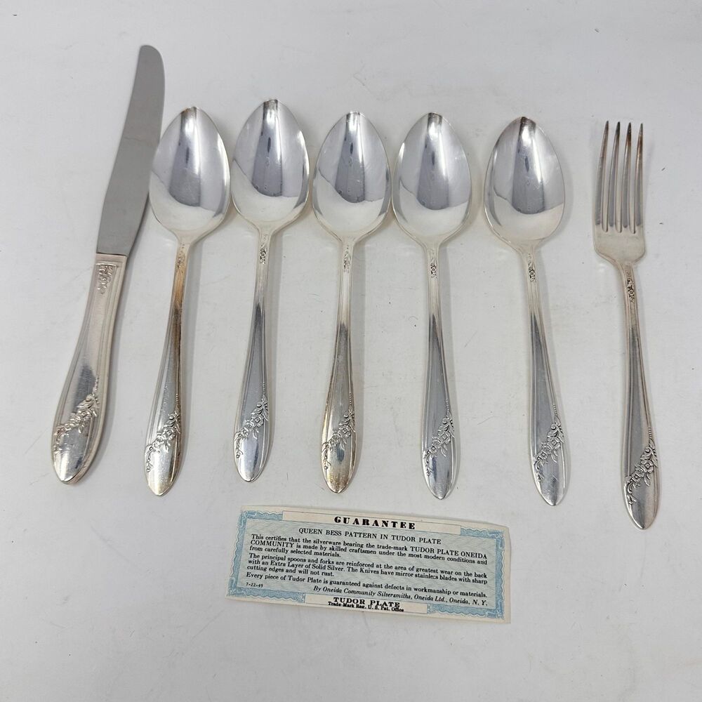 Oneida Tudor Plate Queen Bess 2 Silverplate Flatware 7 Piece Silverware Set 1946